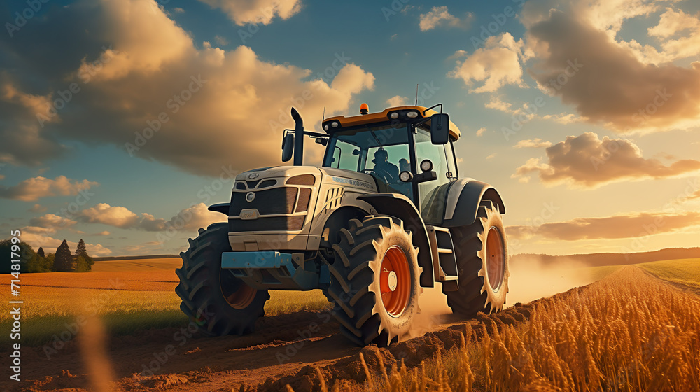 Naklejka premium Tractor on field during agricultural harvest of grain with agricultural machinery, Farmer | Generative AI