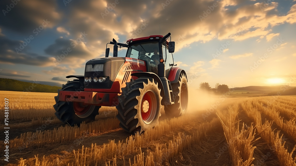 Obraz premium Tractor on field during agricultural harvest of grain with agricultural machinery, Farmer | Generative AI