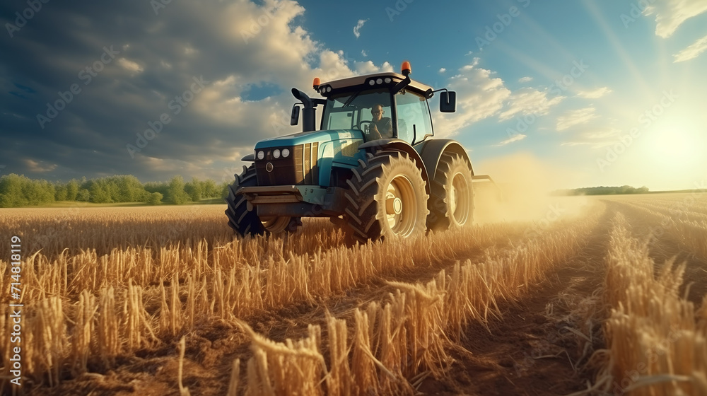 Obraz premium Tractor on field during agricultural harvest of grain with agricultural machinery, Farmer | Generative AI