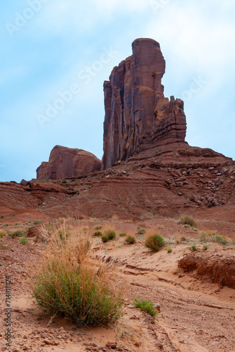 Desert landscape with red rocks and dry vegetation on red sands in Monument Valley, Navajo Nation, Arizona - Utah