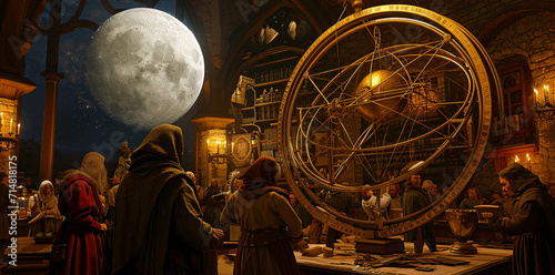 group of medieval scholars studying the heavens, with a large, intricate armillary sphere in the center, surrounded by detailed manuscripts and tools of astrology, under the enchanting light of a full