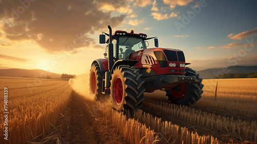 Tractor on field during agricultural harvest of grain with agricultural machinery  Farmer   Generative AI