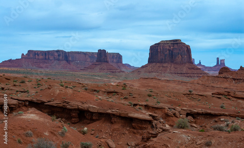 Desert landscape with red rocks and dry vegetation on red sands in Monument Valley, Navajo Nation, Arizona - Utah