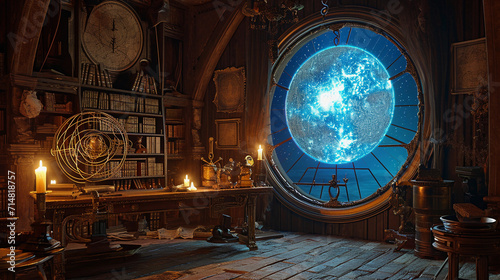 mystical astrologer's chamber, lit by candlelight, with an ornate brass astrolabe, ancient star maps on the walls, and a window looking out to a beautifully detailed constellation, evoking a sense of 