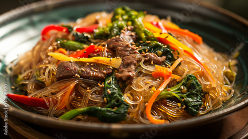  Korean Japchae noodles, glass noodles with stir-fried vegetables and beef, glossy and colorful, on a traditional Korean plate