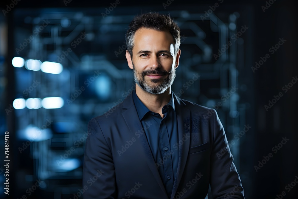 A cybersecurity executive in a suit stands before a backdrop of surveillance screens in a control room A cybersecurity executive in a suit stands before a backdrop of surveillance screens in a control room