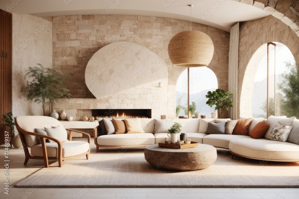 Japandi interior home design of modern living room with curved beige ...