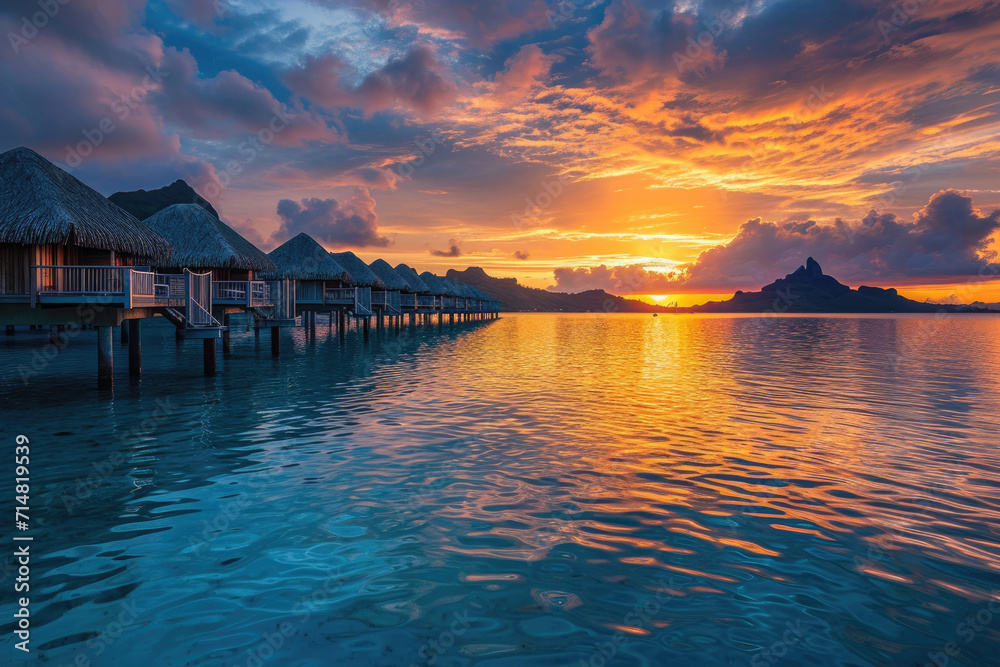 The serene allure of Bora Bora's lagoon during a mesmerizing sunset