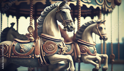 Old fashion carousel with horses. Vintage style illustration. AI generated. photo