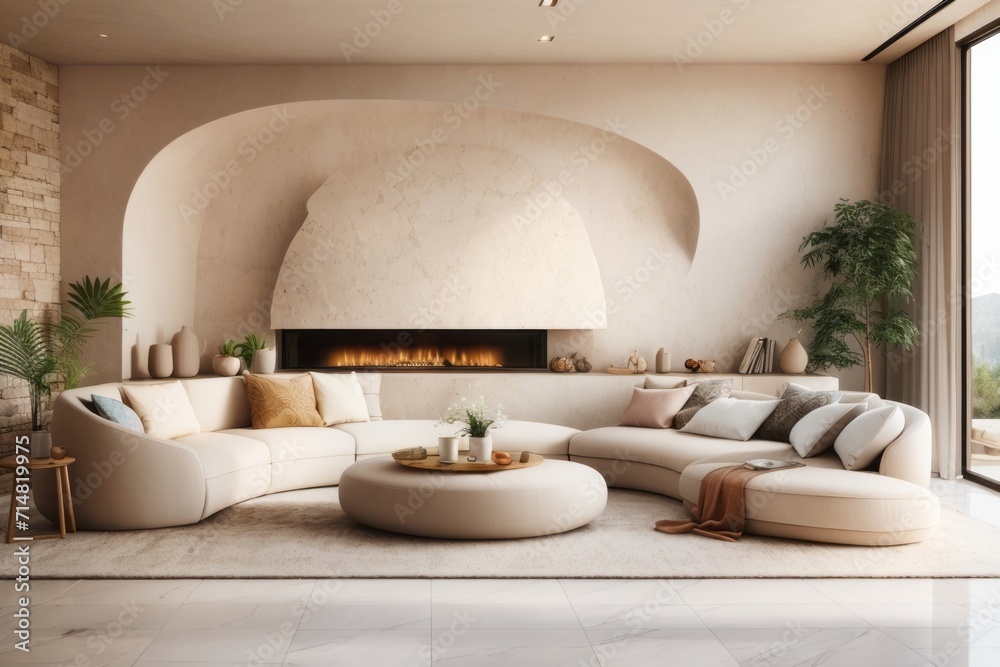 Japandi interior home design of modern living room with curved beige ...