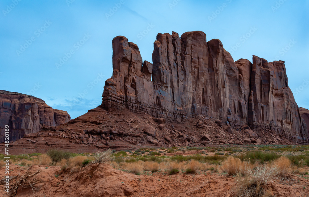 Desert landscape with red rocks and dry vegetation on red sands in Monument Valley, Navajo Nation,  Arizona - Utah
