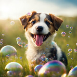 Dog among soap bubbles.