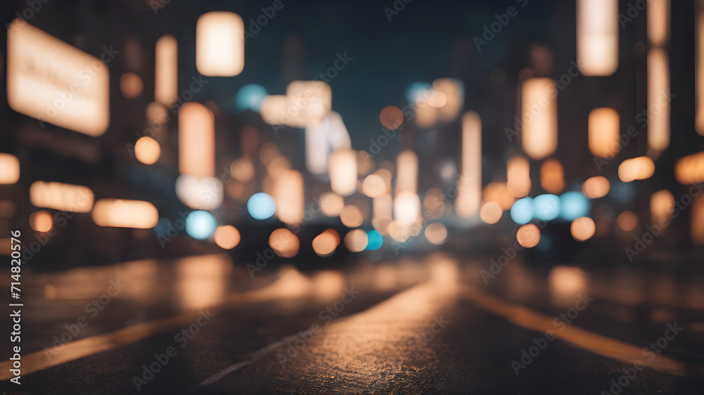Nighttime city streets come alive with a vibrant blend of blurred lights, creating a dynamic urban scene filled with the energy of traffic, neon signs, and the festive glow of Christmas - obrazy, fototapety, plakaty 
