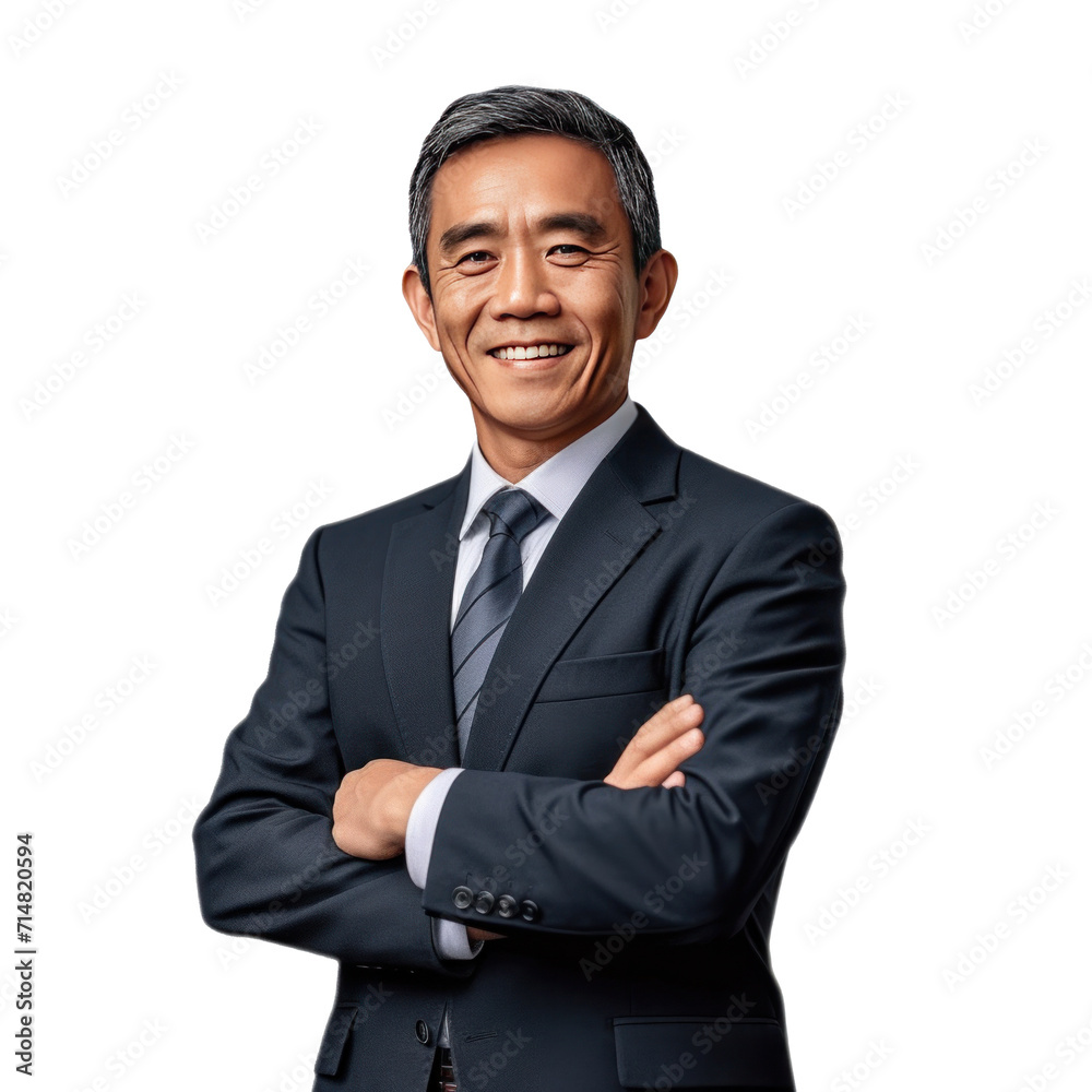Asian middle-aged business man smiling in suit, crossed arms isolated on a transparent background. Asian middle-aged business man smiling in suit, crossed arms isolated on a transparent background.