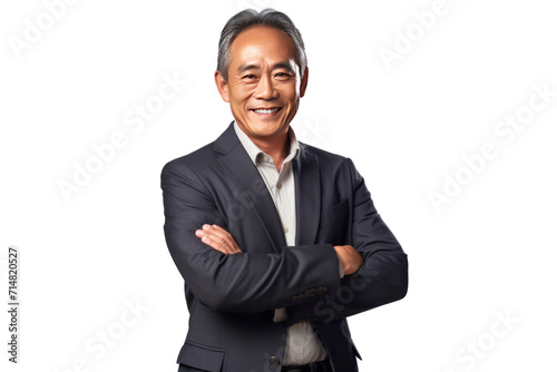 Asian middle-aged business man smiling in suit, crossed arms isolated on a transparent background.