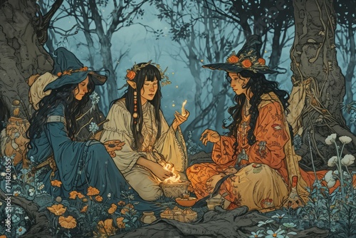 Mystical forest shamans, communing with nature spirits and harnessing their ancient magic - Generative AI