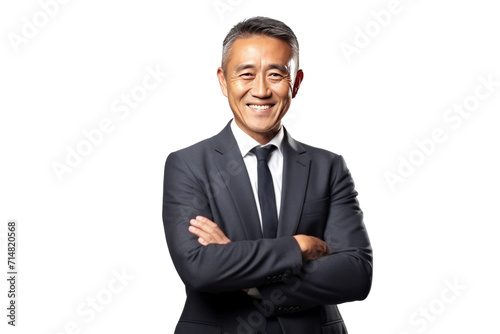Asian middle-aged business man smiling in suit, crossed arms isolated on a transparent background.