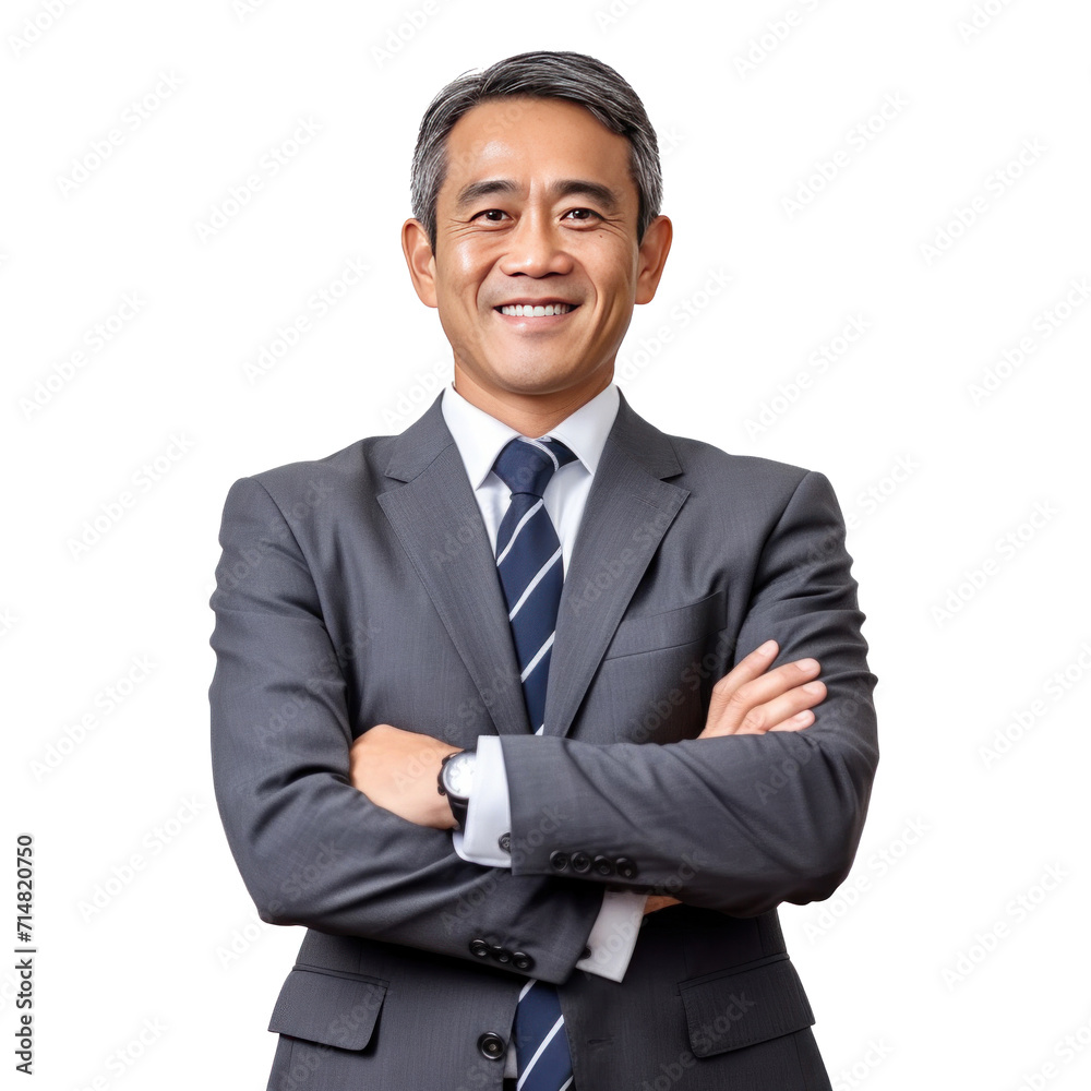 Asian middle-aged business man smiling in suit, crossed arms isolated on a transparent background. Asian middle-aged business man smiling in suit, crossed arms isolated on a transparent background.