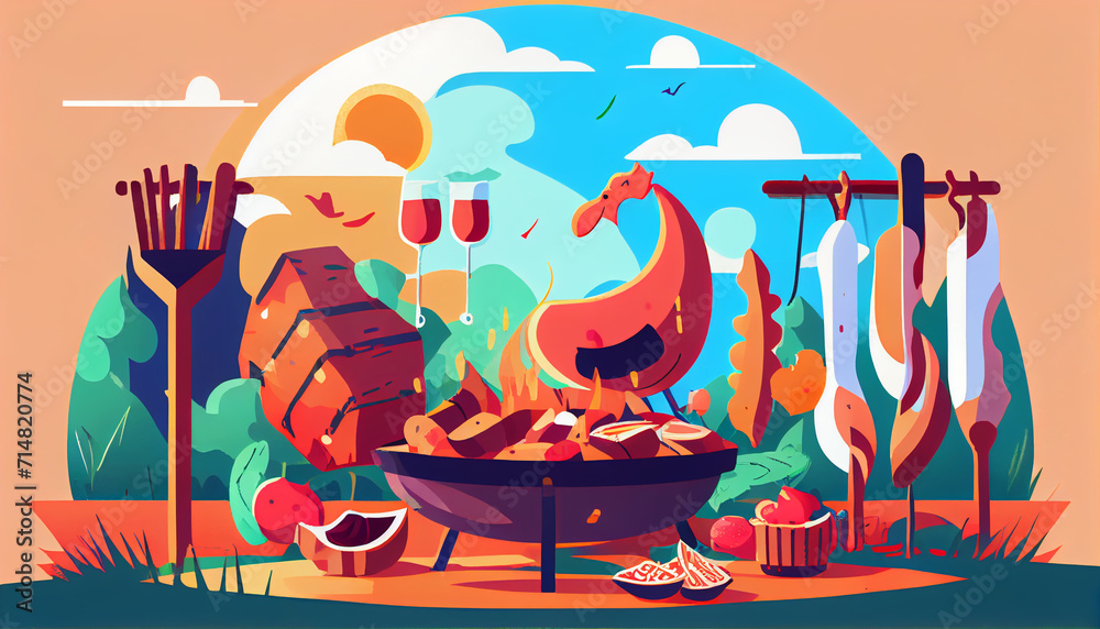 Barbecue at a picnic. Camping, meat grill party concept. Abstract illustration. AI generated.