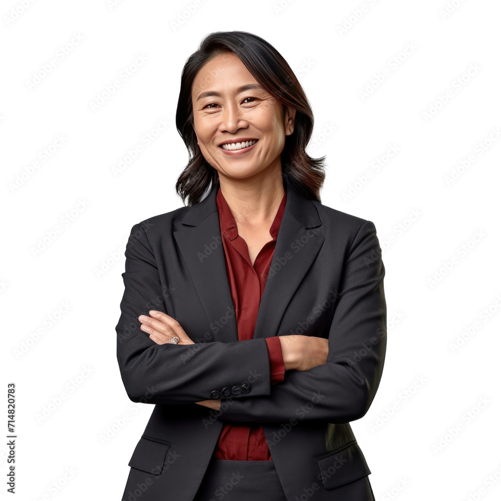 Asian middle-aged business woman smiling in suit, crossed arms isolated on a transparent background. Asian middle-aged business woman smiling in suit, crossed arms isolated on a transparent background.