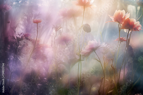 dreamlike scene of vibrant flowers in a surreal environment, pastel colors. Generated with AI