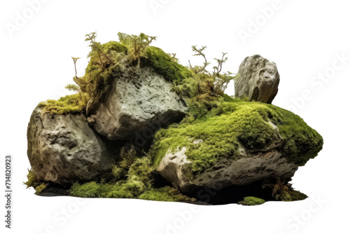 Beautiful of Large rocks with overgrown foliage and moss, plants and foliage around isolated on a transparent background.