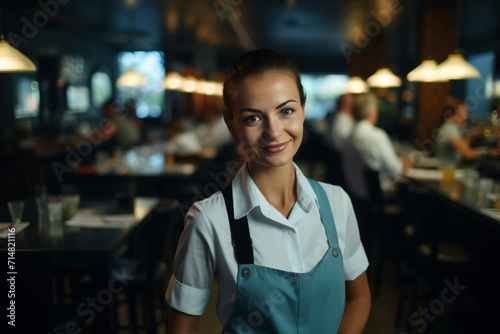 A young woman waiter in a restaurant holds a tray with cocktails. Abstract illustration. AI generated.