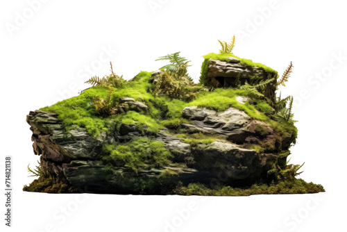 Beautiful of Large rocks with overgrown foliage and moss, plants and foliage around isolated on a transparent background.