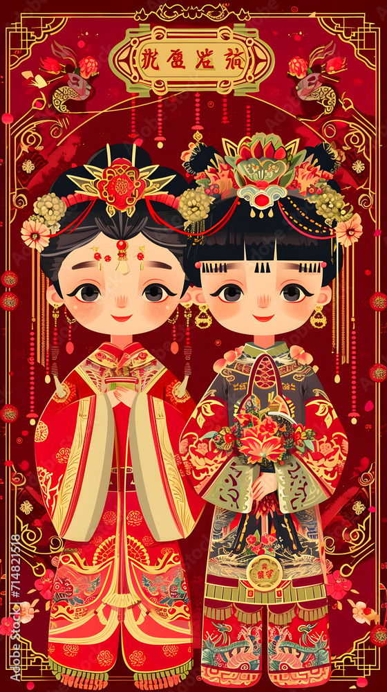 the joy of marriage in red background with Chinese paper-cut painting style 