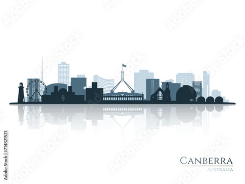 Canberra skyline silhouette with reflection. Landscape Canberra, Australia. Vector illustration.