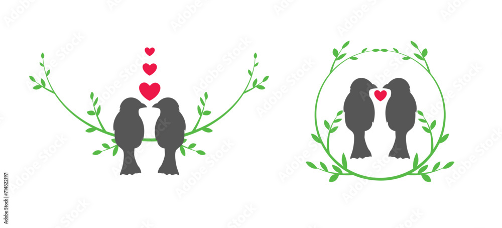 Naklejka premium Valentine day, Silhouette cute birds in love, love symbol isolated