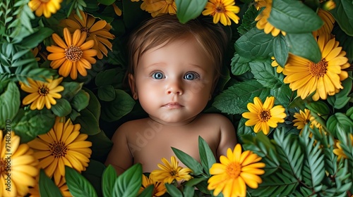A baby with captivating blue eyes is nestled among vibrant yellow flowers and lush green leaves, evoking a sense of nature's beauty.