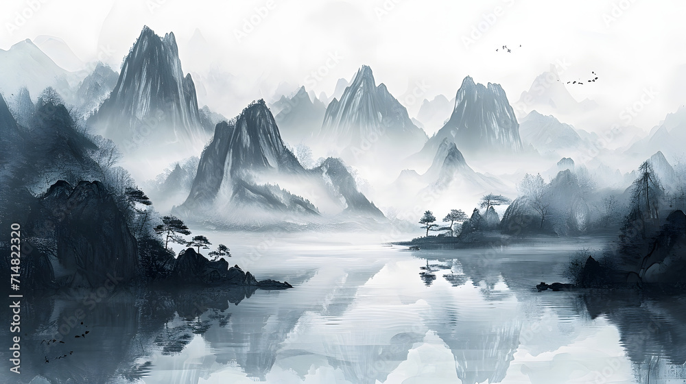 Chinese ink painting style of mountains and water, beautiful and quiet scenery 