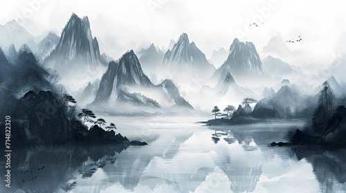 Chinese ink painting style of mountains and water, beautiful and quiet scenery  © Yi_Studio