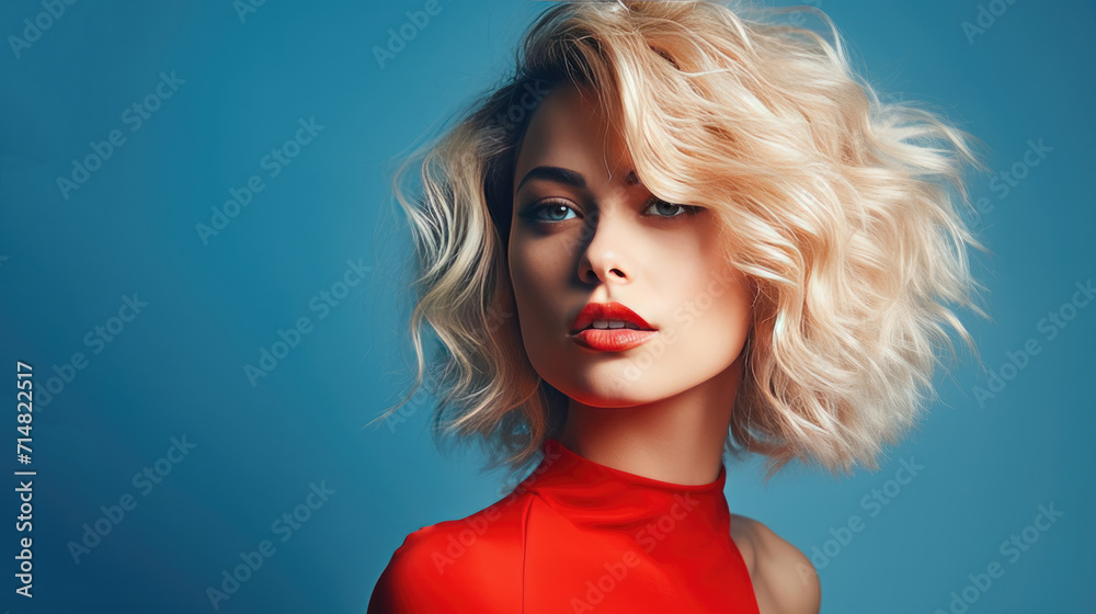 A blonde in a red blouse with red lipstick on a blue background. A blonde in a red blouse with red lipstick on a blue background.