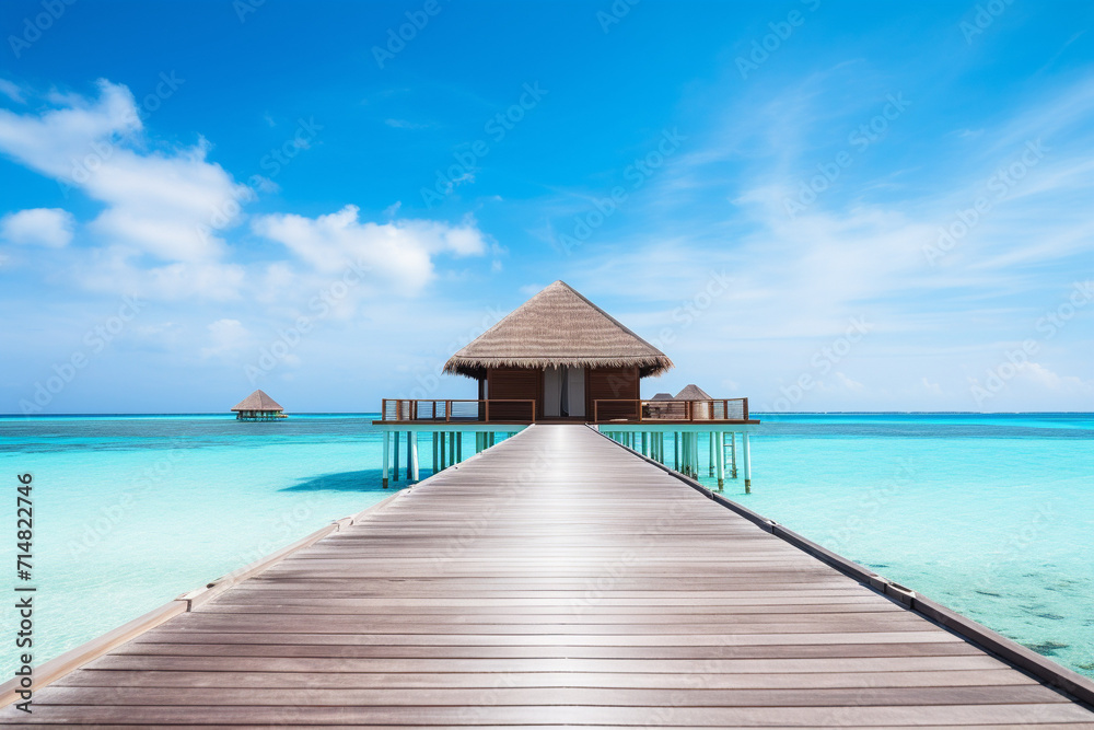 Wooden jetty leading to the luxury bungalow. Maldives or Seychelles. AI generative.