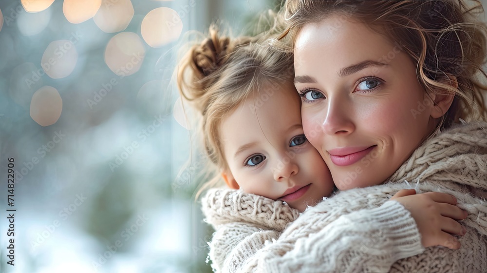 A loving mother holds her young child close, both wearing cozy knitted clothes, sharing a moment of warmth and affection.