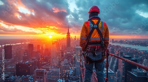 
A Construction Worker on a High-Rise Building Scaffold, Secured with Safety Harnesses Against a City Skyline