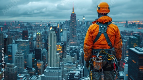  A Construction Worker on a High-Rise Building Scaffold, Secured with Safety Harnesses Against a City Skyline