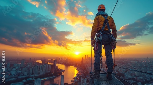 
A Construction Worker on a High-Rise Building Scaffold, Secured with Safety Harnesses Against a City Skyline photo
