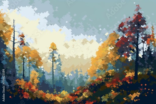 Pixelated artwork depicting an autumn forest landscape. Generative AI