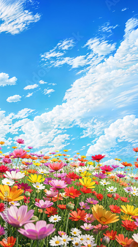 Colorful spring flowers meadow, wildflowers and blue sky with clouds vertical phone background, hd