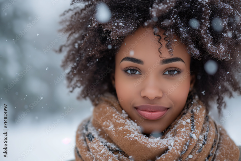 stylish happy afro hair woman wearing warm clothes and looking at camera while standing against blurred snowy background in winter stylish happy afro hair woman wearing warm clothes and looking at camera while standing against blurred snowy background in winter