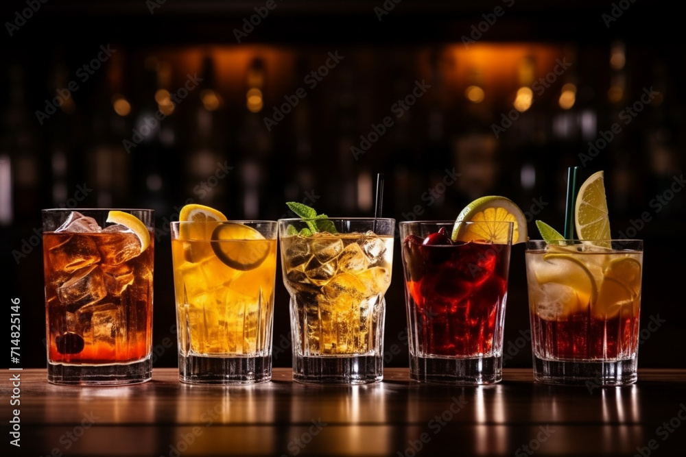 Variety of alcoholic drinks and multi colored cocktails on the reflective surface of bar counter. Blurred shelves with bottles on background. AI generative.