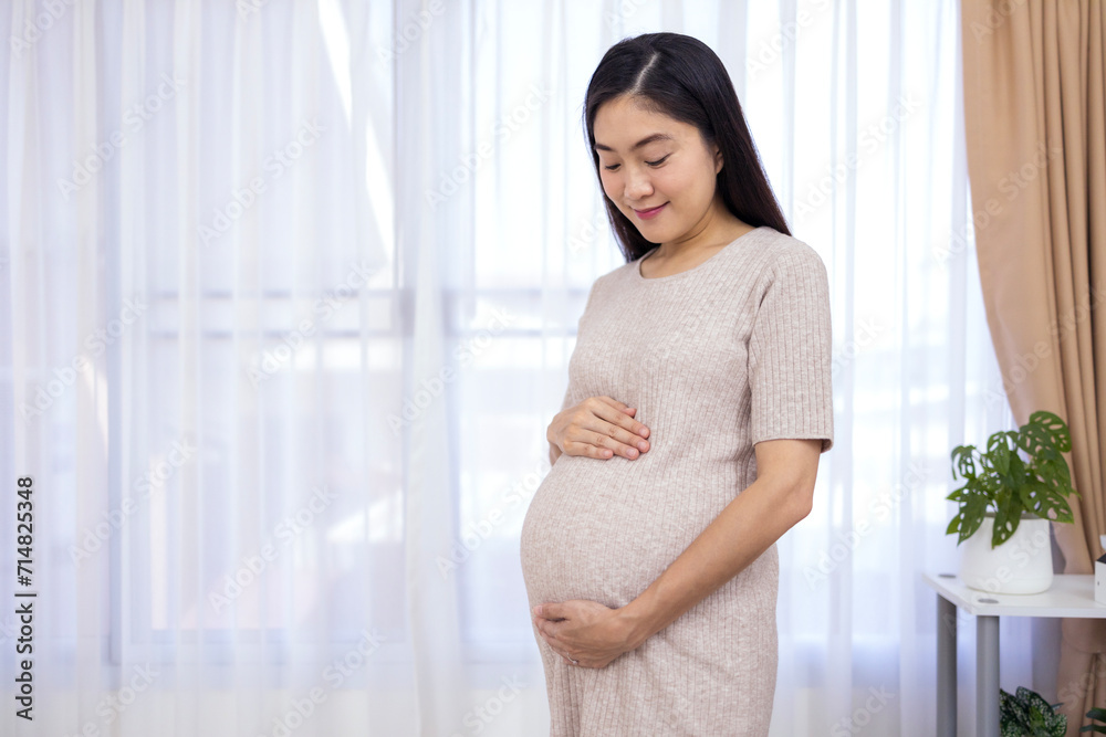 Portrait of young Asian pregnant woman standing near window with white curtain holding hands on her belly at modern home with copy space. Pregnancy, motherhood, concept.Beautiful pregnancy.