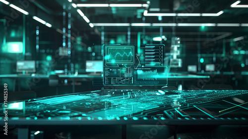 A futuristic office workspace with holographic computer interfaces, business, holograms, blurred background, with copy space