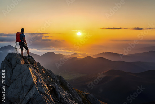Adventurous Man Hiker standing on top of the peak with rocky mountains. Adventure Composite. Aerial Background Image of landscape. Sunset Sky. generative ai © creavist