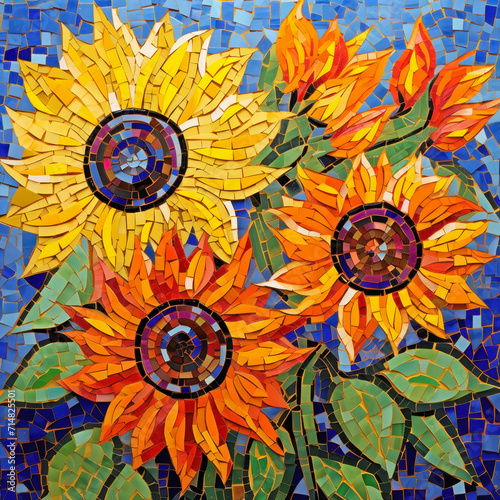 Mosaic sunflower vibrant floral background. Sunflowers field landscape. Summer flower backdrop design.
