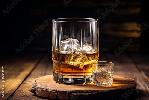 Glass of tumbler whiskey or cognac with ice. 