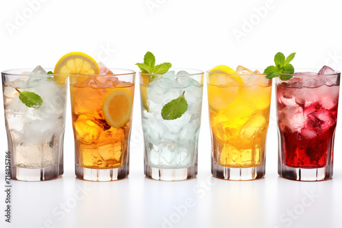Glasses with cold multi-colored fruit cocktails with ice on a white background. AI generated. photo
